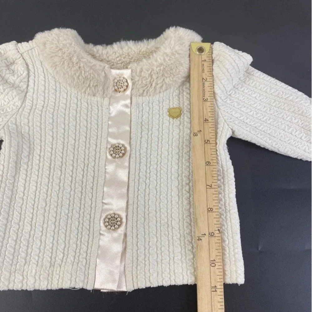 Le Chic Cardigan Kids Size 2 Cream Faux Fur Trim Cable Knit Pearl Button